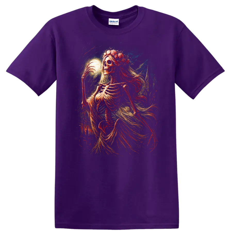 Moonlit floral skeleton in ornate vintage gothic art with flowing drapery on a Purple T Shirt