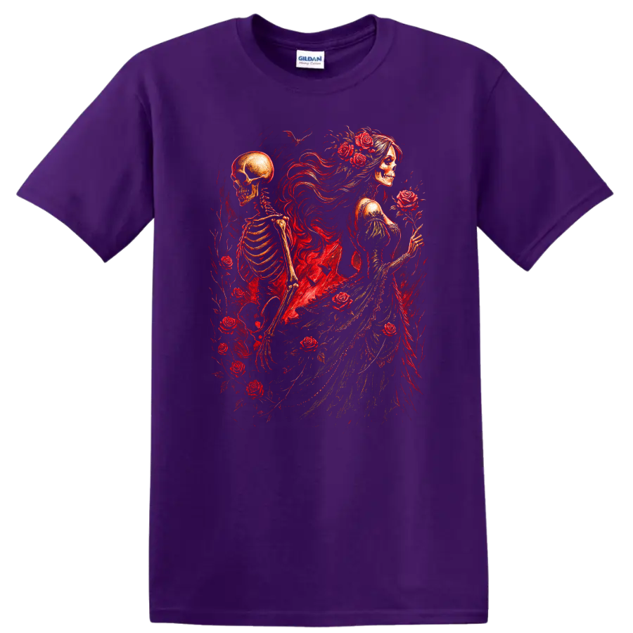 Vintage gothic skeletal woman and skeleton surrounded by red roses on a Purple T Shirt