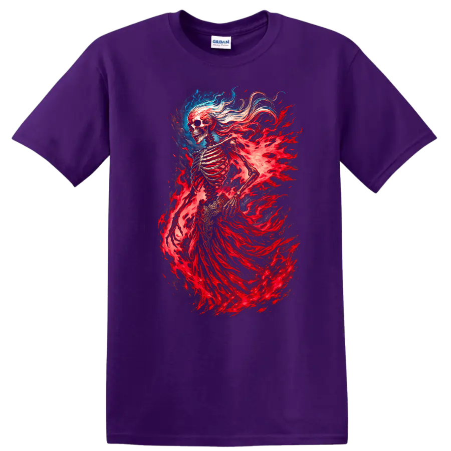 Flaming skeleton spirit with red spectral energy in detailed gothic fantasy art on a Purple T Shirt