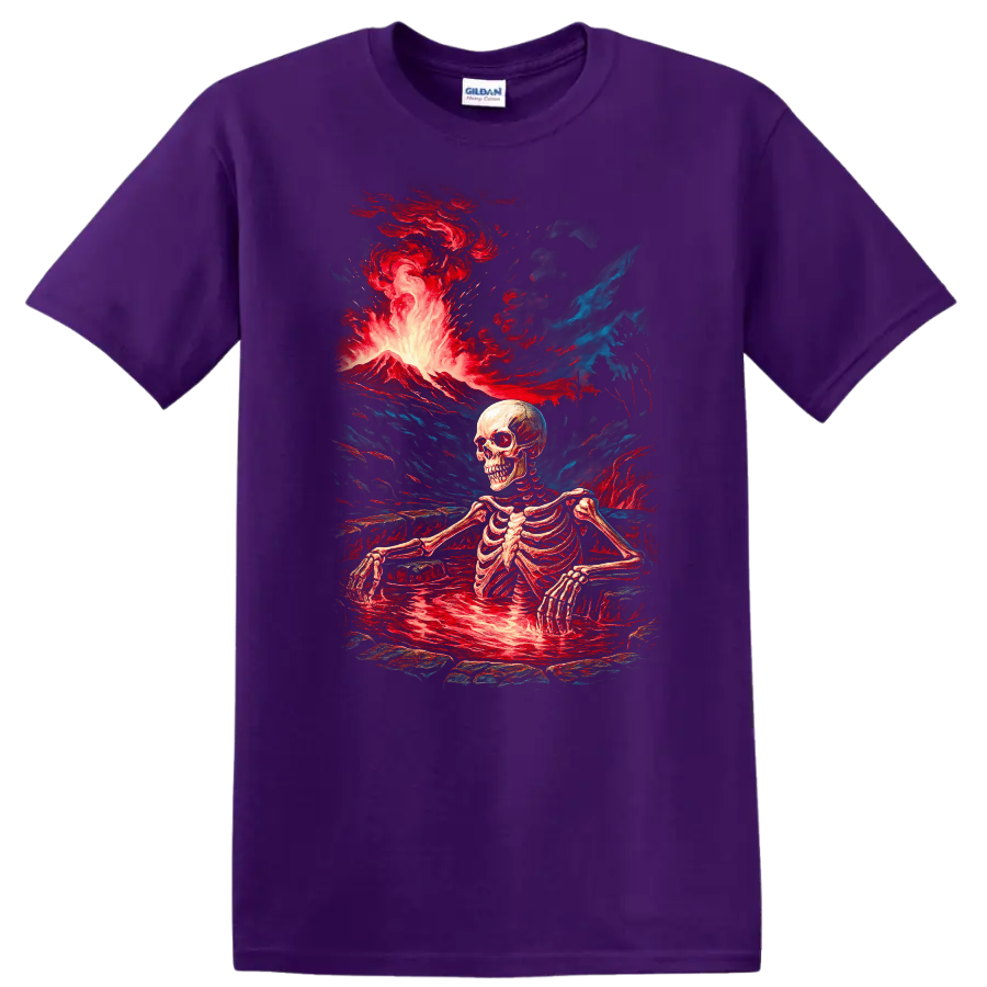 Vintage gothic skeleton standing in a lava pool beneath an erupting volcano on a Purple T Shirt