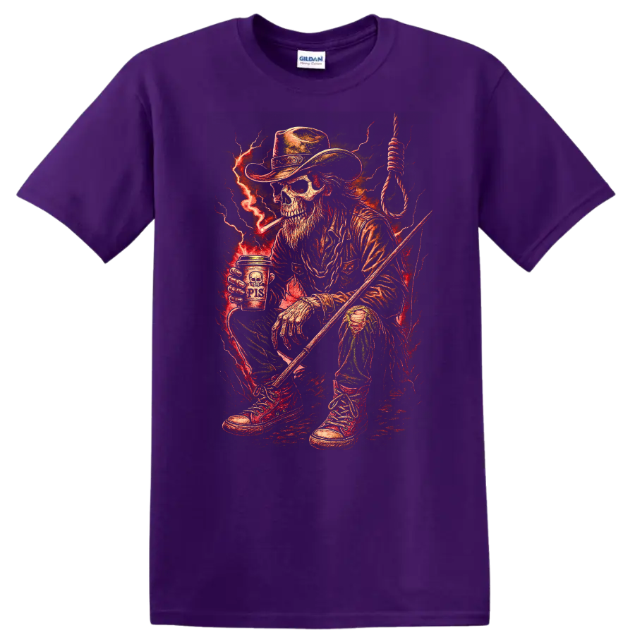 Vintage Gothic skeleton cowboy with red lightning, noose, boots, and rugged Western art on a Purple T Shirt