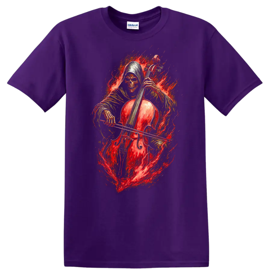Hooded skeleton cellist with a red cello surrounded by fiery gothic artwork on a Purple T Shirt