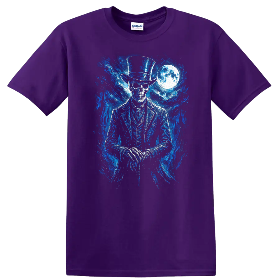 Moonlit gothic skeleton in top hat with blue spectral art and full moon on a Purple T Shirt