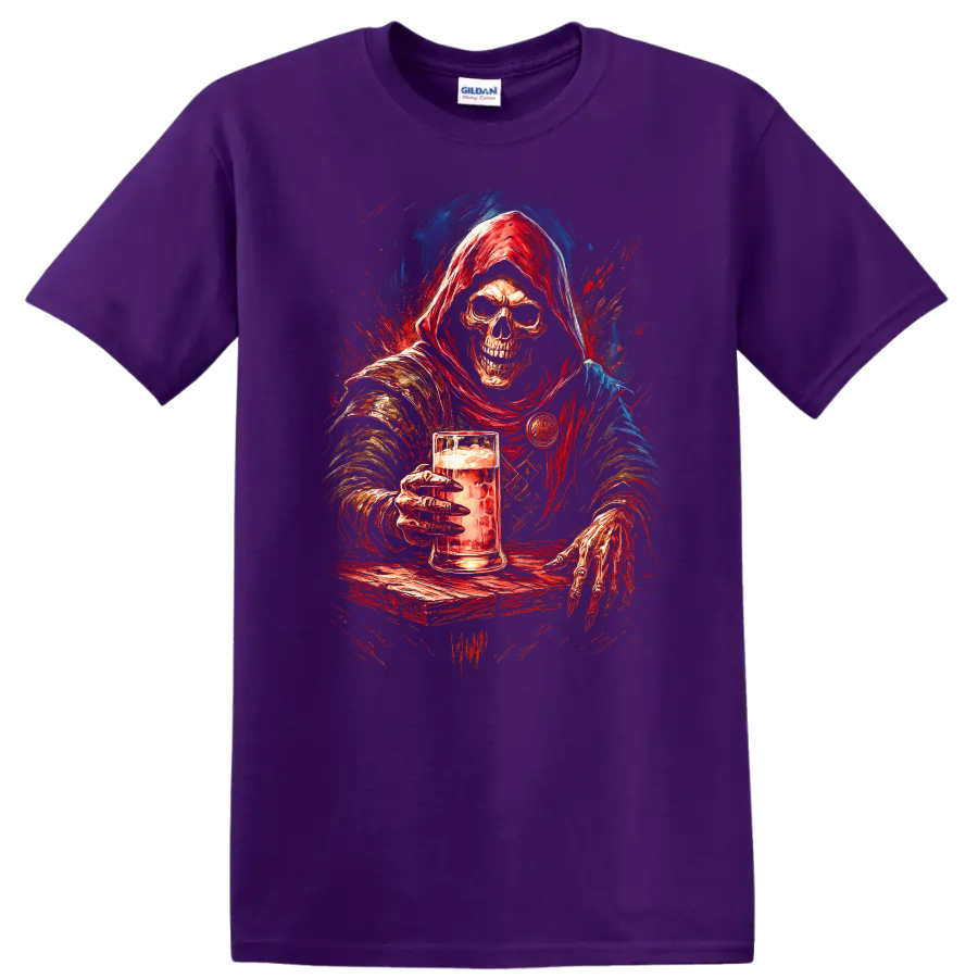 Hooded skeleton holding a beer mug in distressed red and blue gothic art on a Purple T Shirt