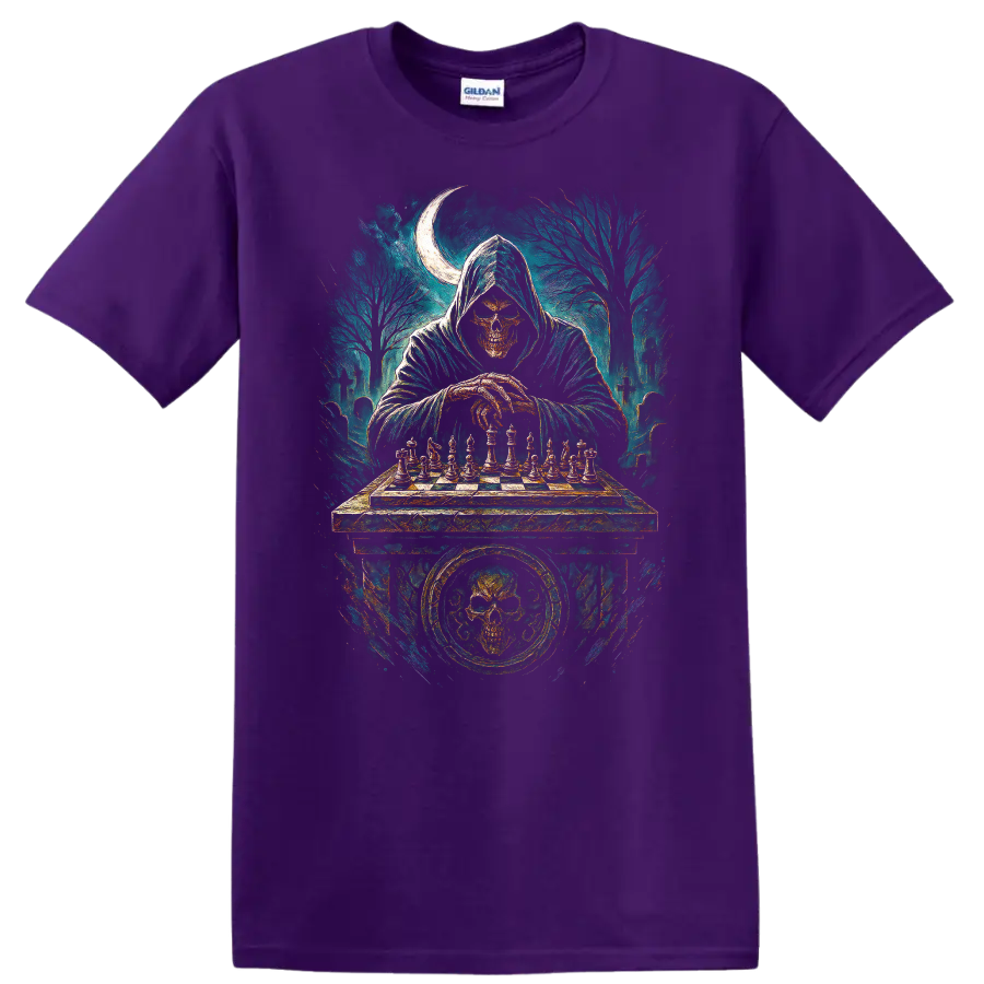 Hooded skull playing chess in a moonlit graveyard gothic illustration on a Purple T Shirt