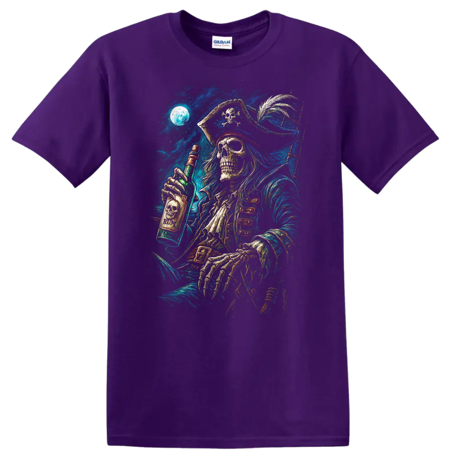 Moonlit skeletal pirate holding a rum bottle in detailed vintage gothic sea art on a Purple T Shirt