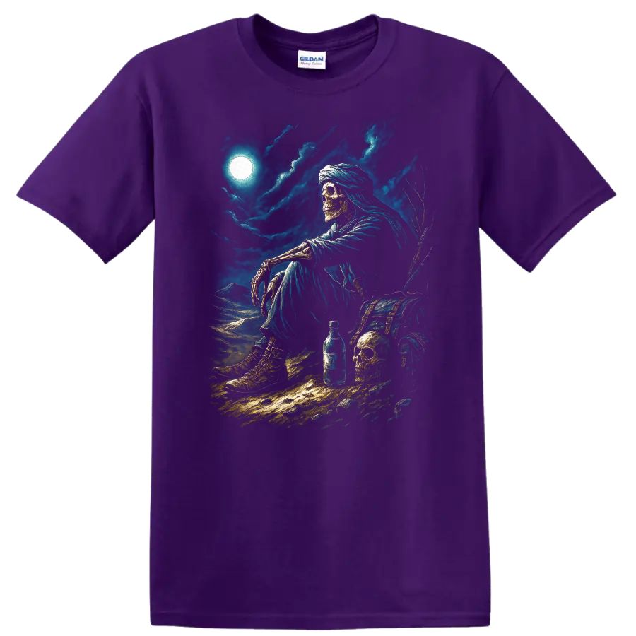 Moonlit skeleton wanderer with skulls, chest, and stormy gothic nightscape on a Purple T Shirt