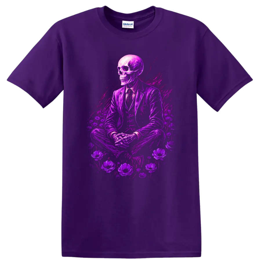 Purple skeleton in suit surrounded by flowers in vintage gothic illustration on a Purple T Shirt