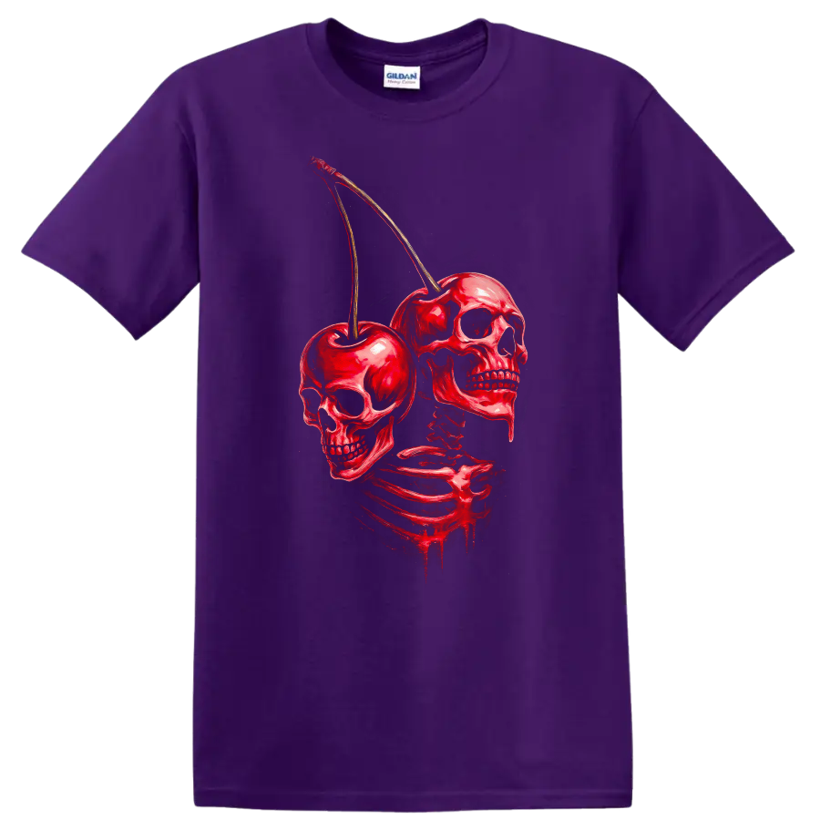 Red skeleton with skulls and cherries in a distressed vintage gothic illustration on a Purple T Shirt