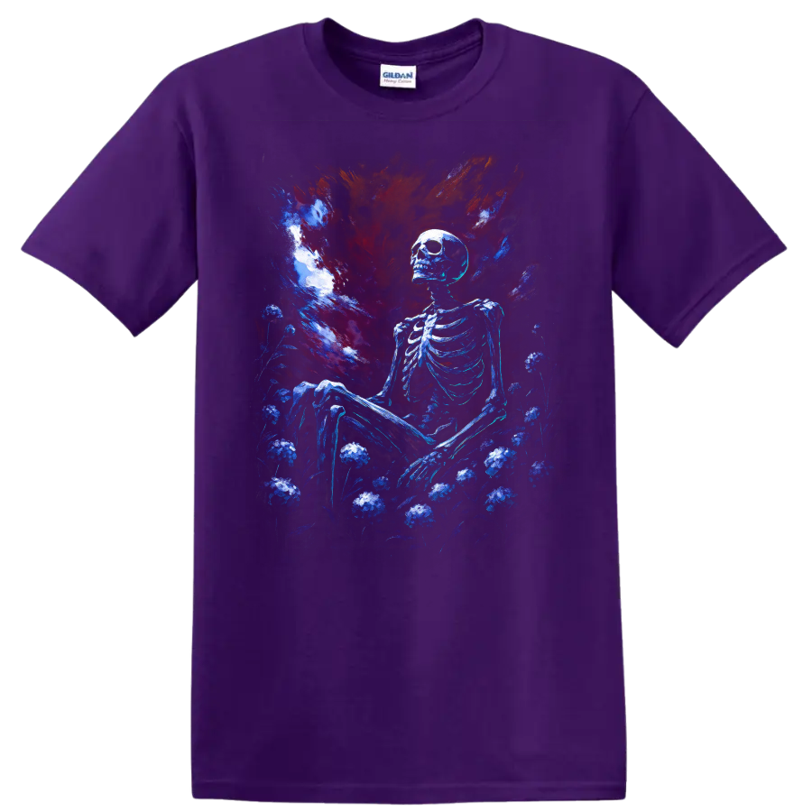 Blue skeleton seated in a dark floral garden beneath a dramatic gothic painted sky on a Purple T Shirt