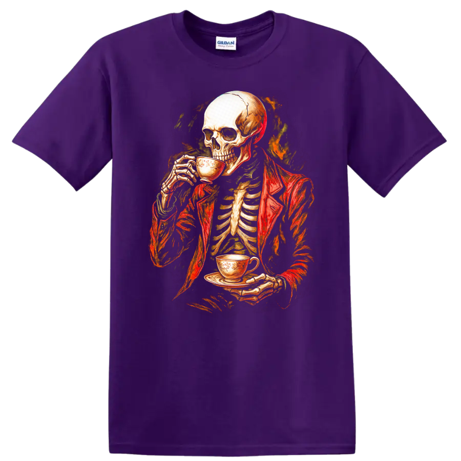 Vintage gothic skeleton in a red jacket drinking tea with a fiery dark backdrop on a Purple T Shirt