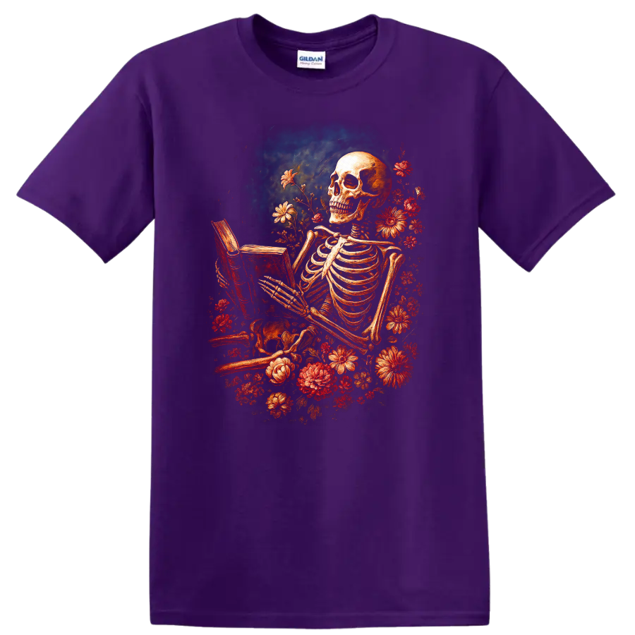 Vintage gothic skeleton reading a book surrounded by red flowers on a Purple T Shirt