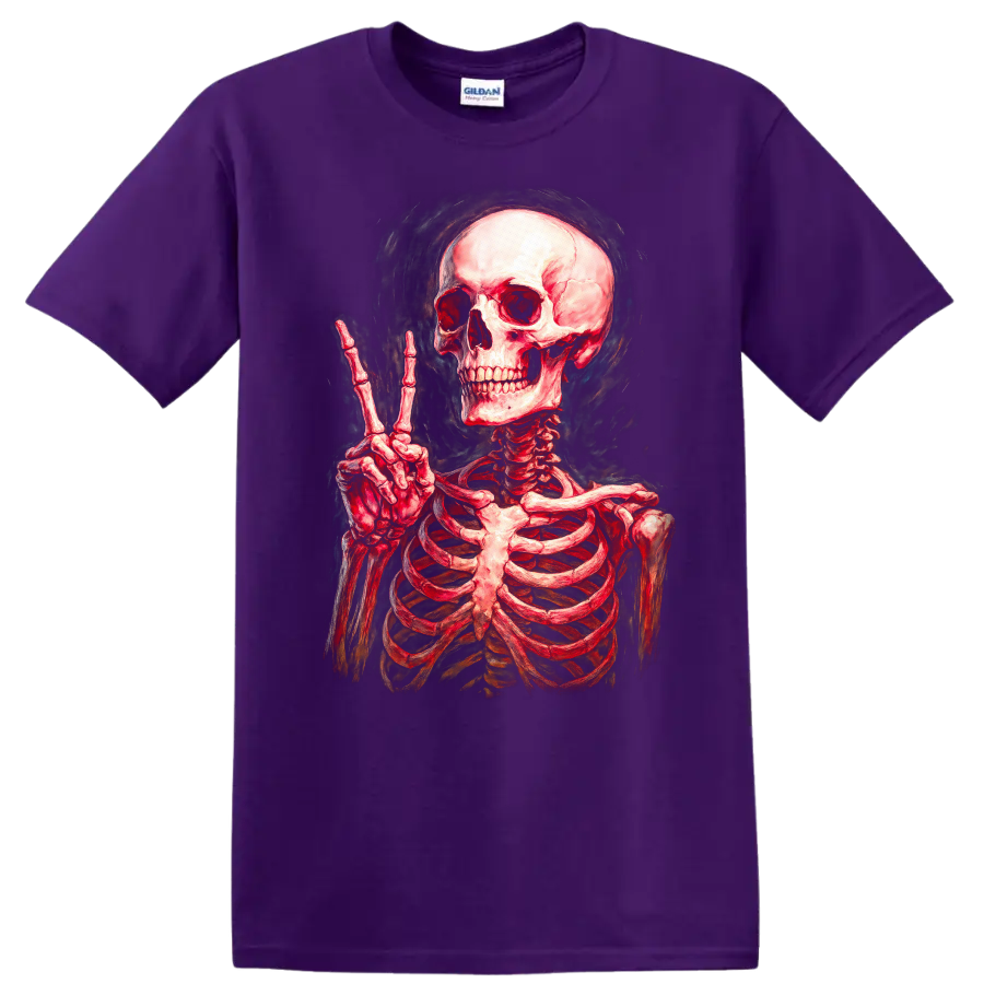 Vintage red skeleton skull making a peace sign in smoky gothic illustration style on a Purple T Shirt
