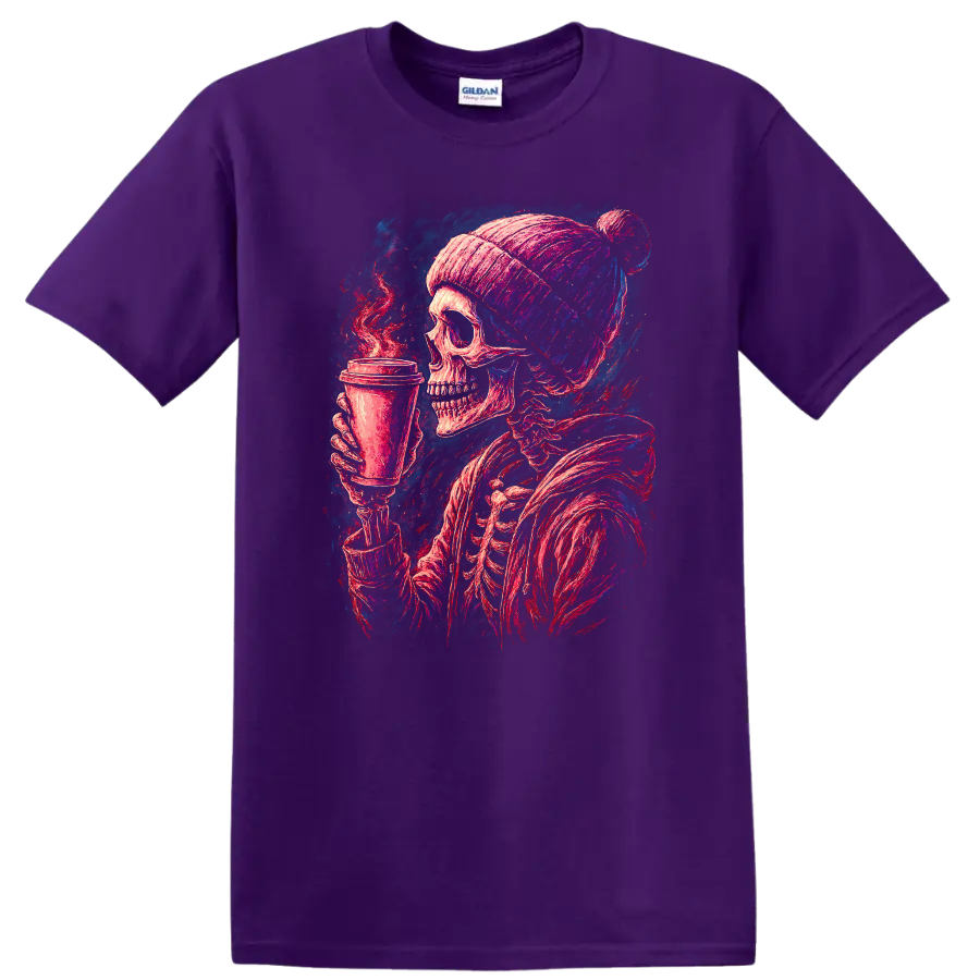 Vintage gothic skeleton in a beanie holding a steaming coffee cup on a Purple T Shirt
