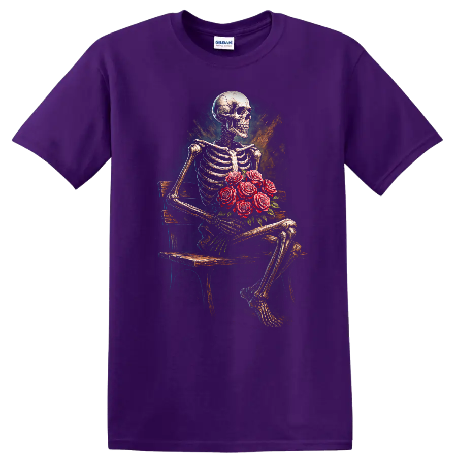 Vintage gothic skeleton holding red roses on a bench in distressed floral art on a Purple T Shirt