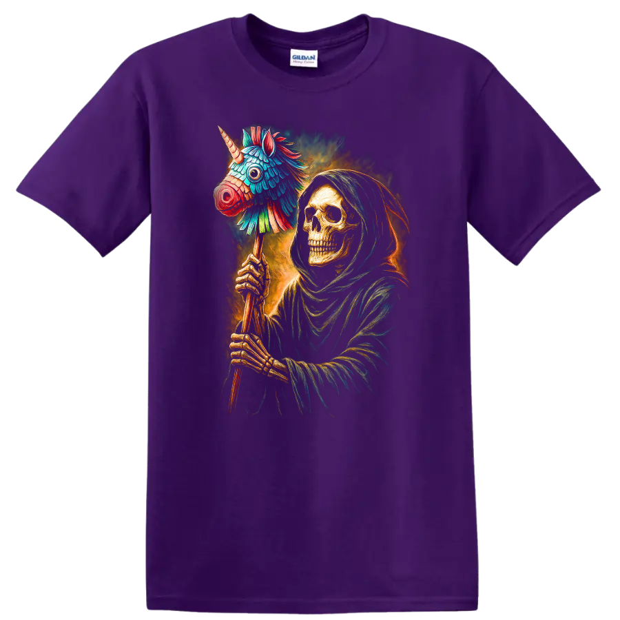 Hooded skeleton holding a colorful unicorn piñata in a vivid gothic illustration on a Purple T Shirt