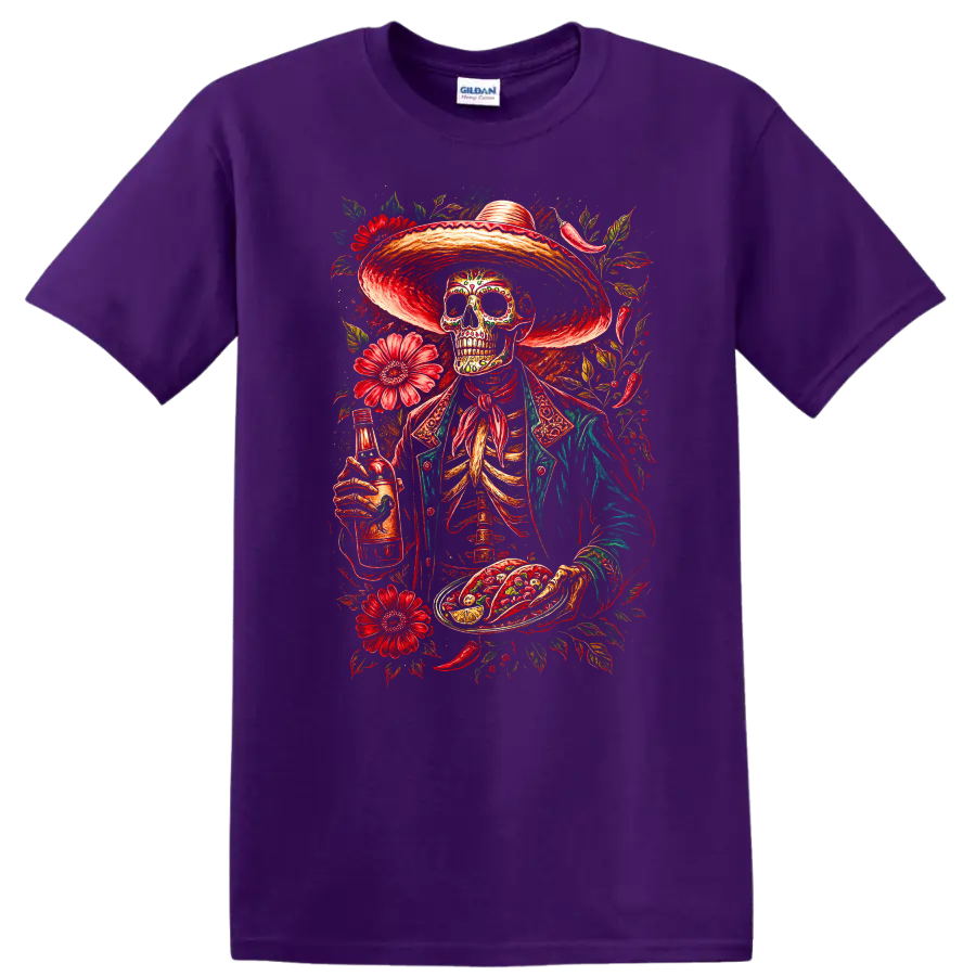 Vintage gothic skeleton in sombrero with tacos, bottle, and red flowers on a Purple T Shirt