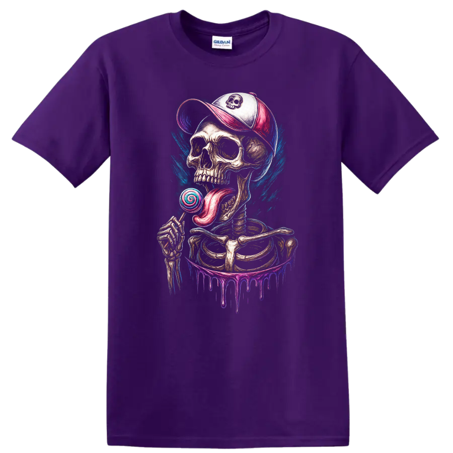 Gothic skeleton skull in cap licking a spiral lollipop with colorful paint drips on a Purple T Shirt