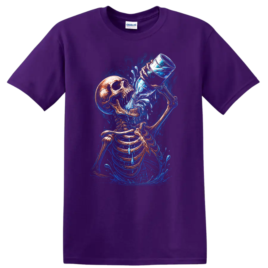 Vintage gothic skeleton drinking water with vivid blue splashes and skull art on a Purple T Shirt