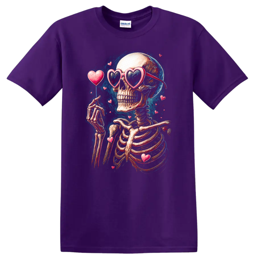 Vintage gothic skeleton in heart sunglasses surrounded by floating hearts on a Purple T Shirt