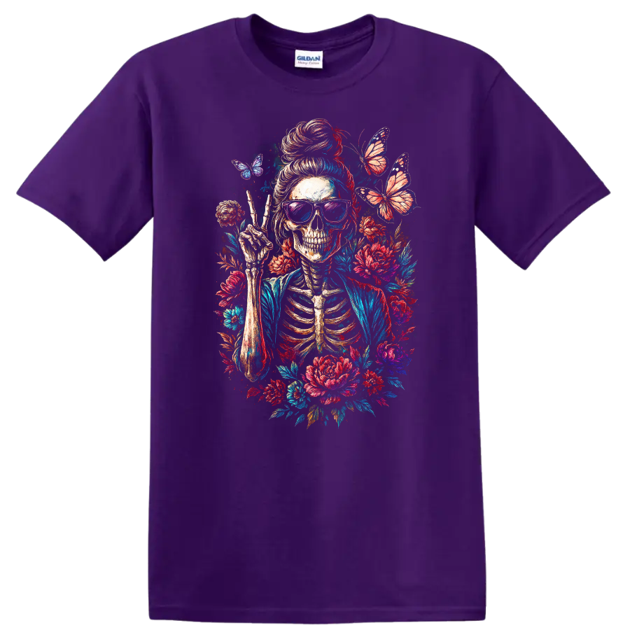 Vintage skeleton in sunglasses making a peace sign with flowers and butterflies on a Purple T Shirt