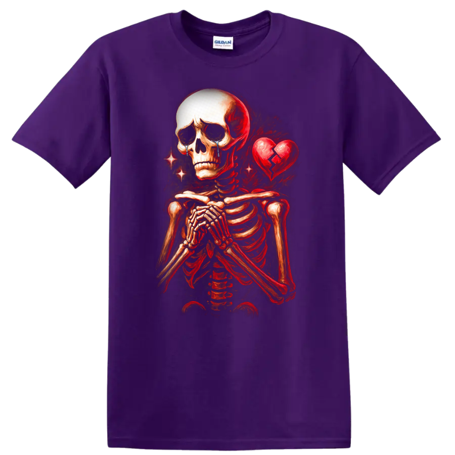 Crying skeleton with clasped hands and cracked heart in vintage gothic art on a Purple T Shirt