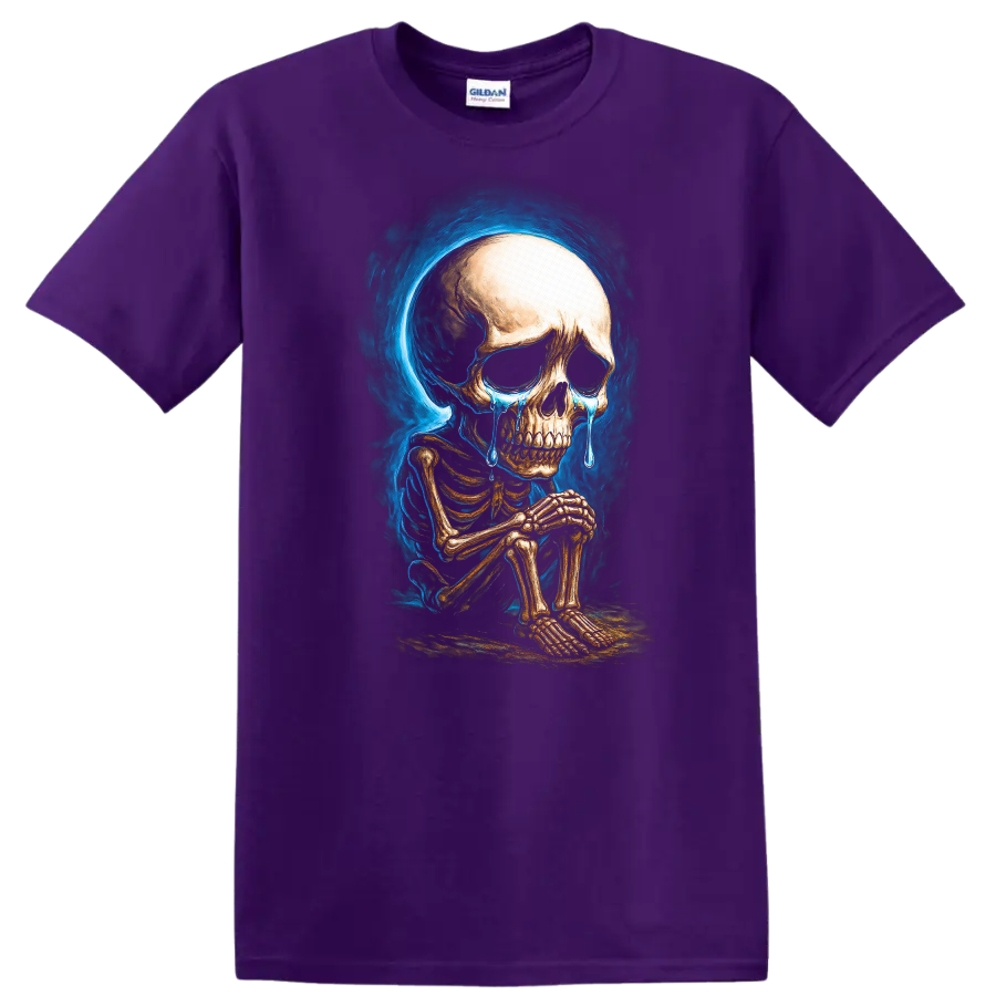 Crying seated skeleton with blue tears and smoky gothic skull artwork on a Purple T Shirt