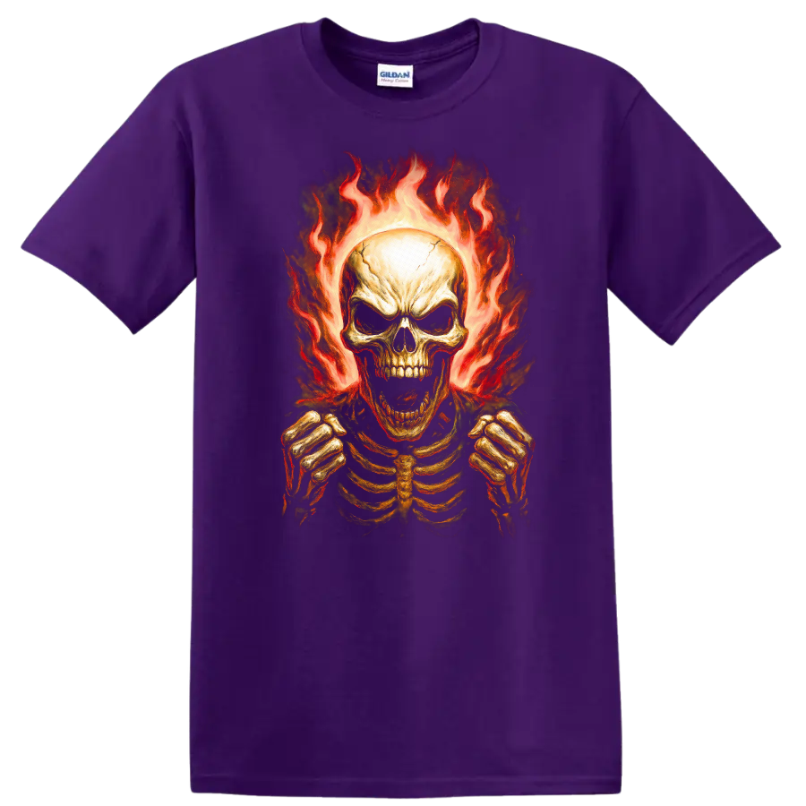 Vintage gothic flaming skeleton skull with rib cage and clenched hands on a Purple T Shirt