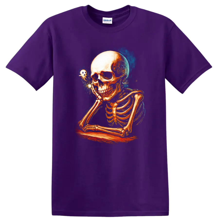 Contemplative skeleton with a tiny ghost in vintage Gothic illustration on a Purple T Shirt