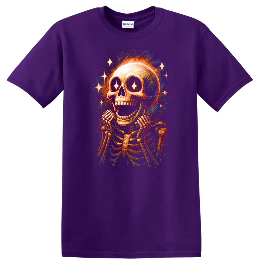 Vintage gothic grinning skeleton skull with sparkling star eyes and radiant stars on a Purple T Shirt
