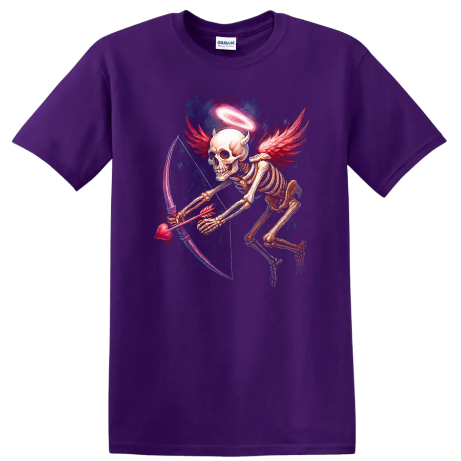 Winged skeleton archer with halo, red wings, and heart-shaped bow in gothic art on a Purple T Shirt