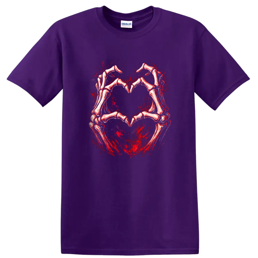 Skeletal hands forming a heart in distressed red and black gothic art on a Purple T Shirt