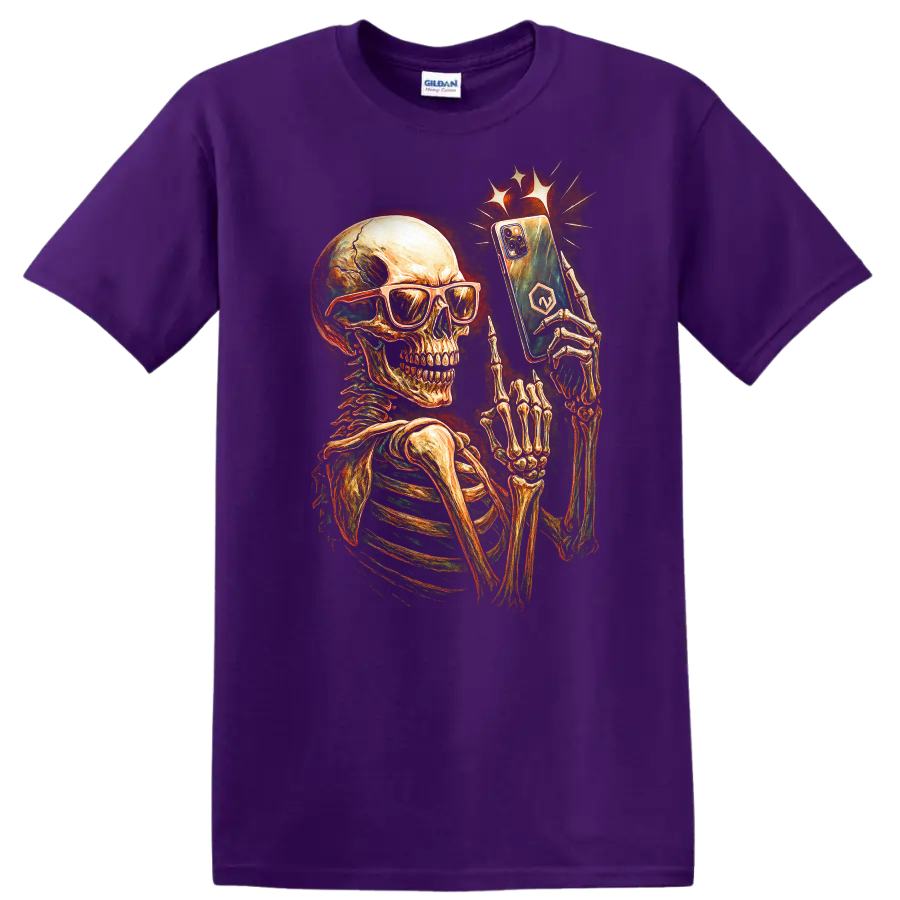 Vintage skeleton in sunglasses holding a smartphone gothic graphic print on a Purple T Shirt