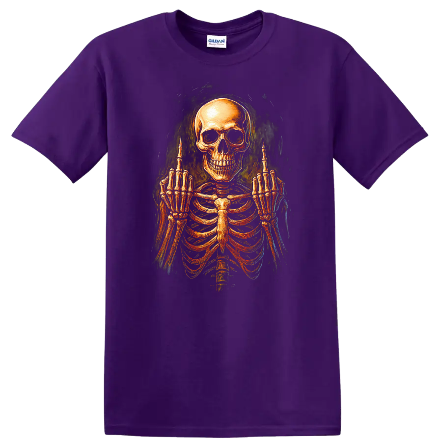 Vintage gothic skeleton skull and rib cage graphic with raised middle-finger hands on a Purple T Shirt