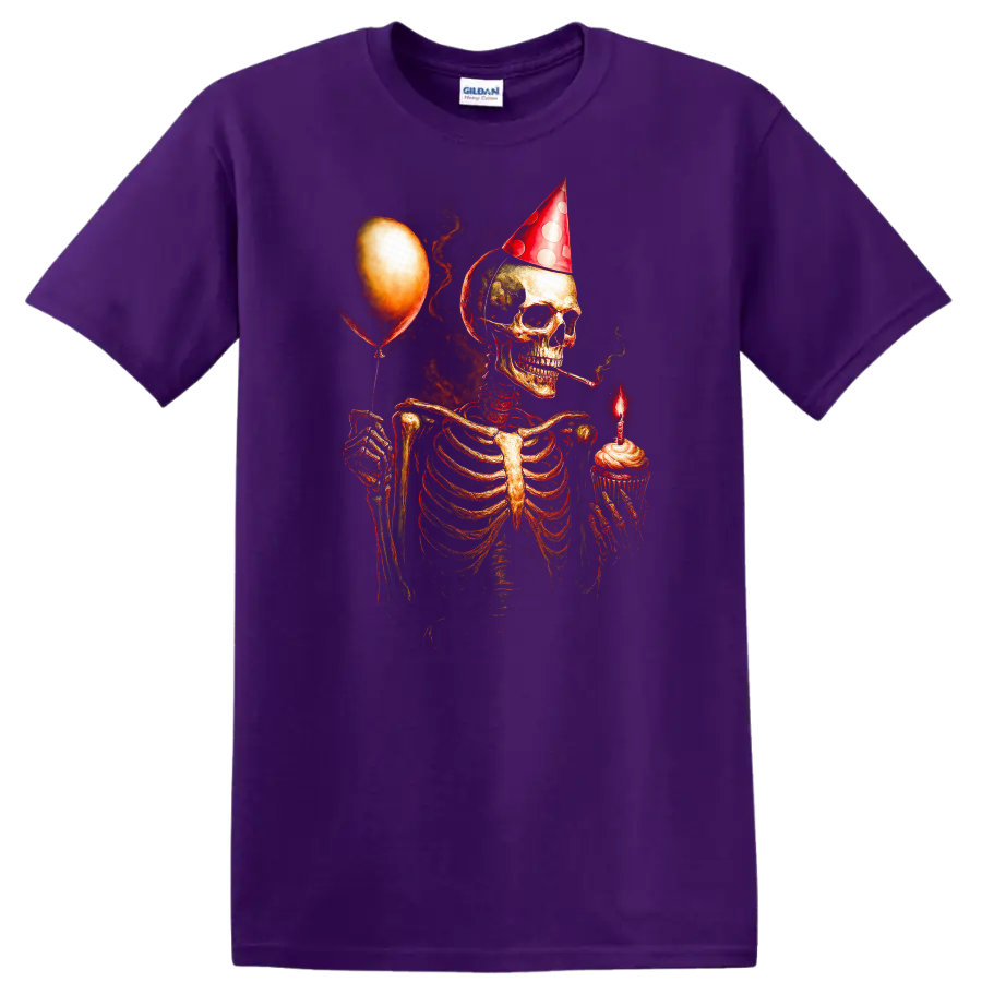 Vintage gothic skeleton in party hat holding a cupcake candle and balloon on a Purple T Shirt