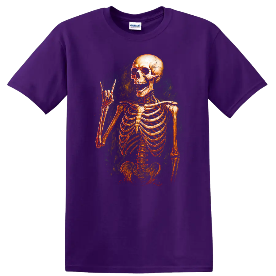 Vintage grinning skeleton raising a horn hand in distressed gothic illustration on a Purple T Shirt