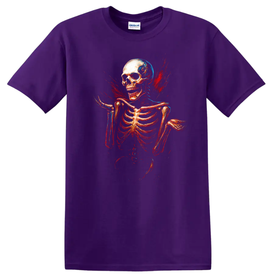 Vintage skull and skeleton graphic with red and blue gothic splatter on a Purple T Shirt