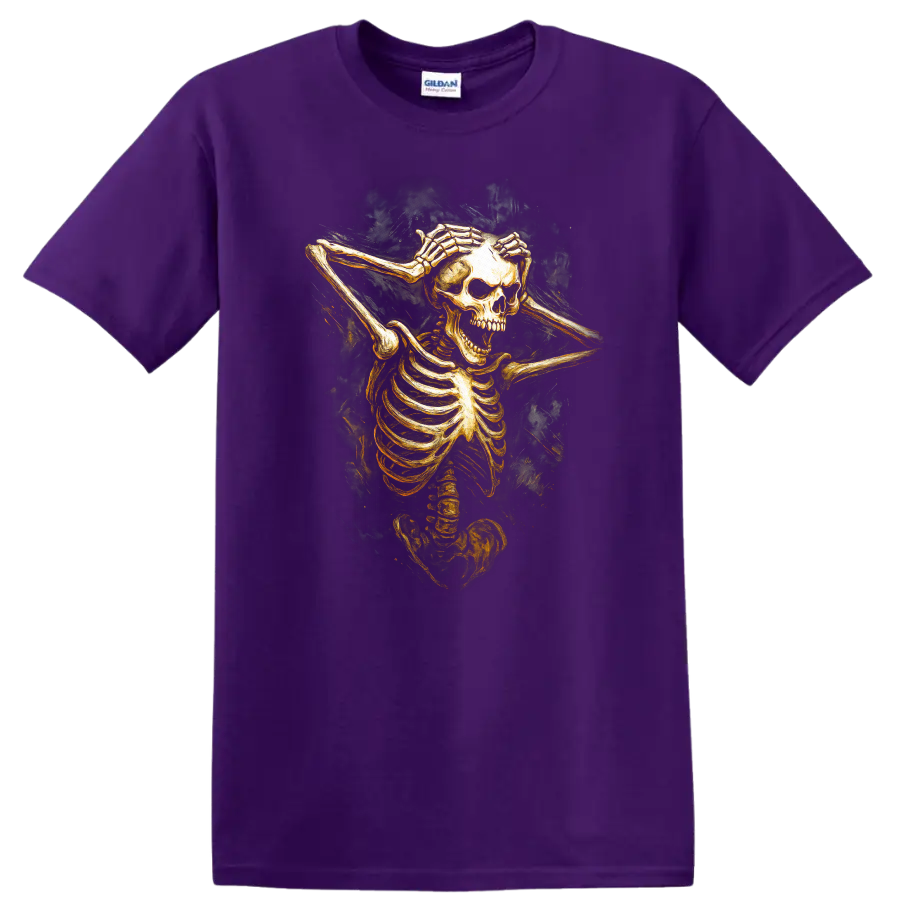 Vintage gothic skeleton skull illustration with hands framing its face on a Purple T Shirt