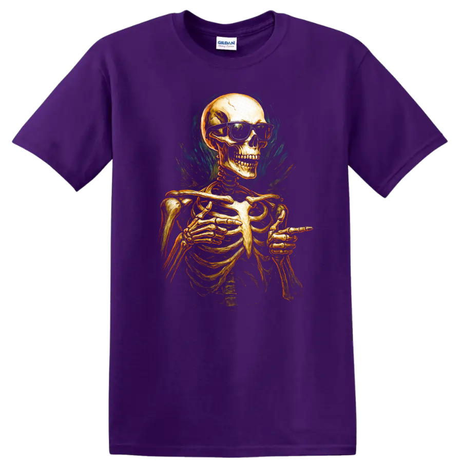 Vintage gothic skeleton in sunglasses pointing, with smoky teal flame-like artwork on a Purple T Shirt