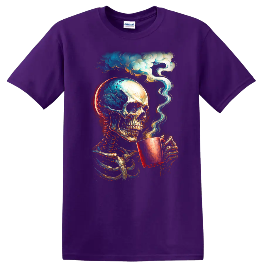 Vintage gothic skeleton skull holding a steaming cup beneath swirling clouds on a Purple T Shirt