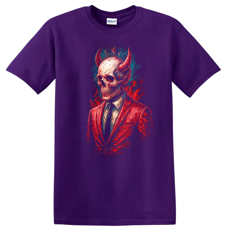 Horned skull in red suit, vintage gothic illustration with teal and red splashes on a Purple T Shirt