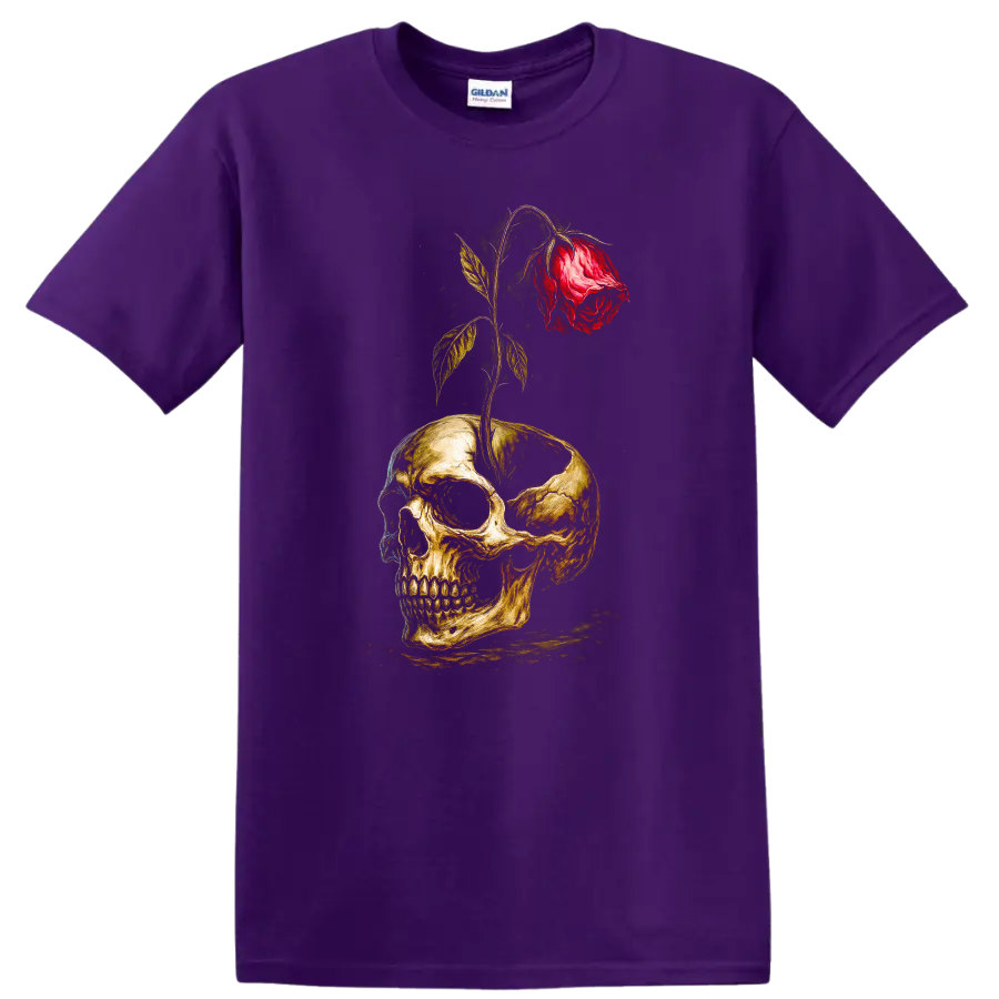 Vintage gothic skull graphic with a red rose growing through the top on a Purple T Shirt
