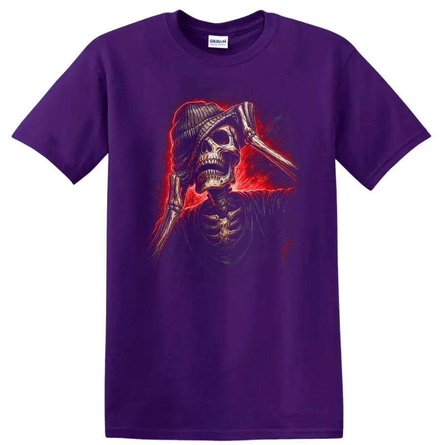 Vintage gothic skeleton skull in beanie with bony hands and red smoky glow on a Purple T Shirt