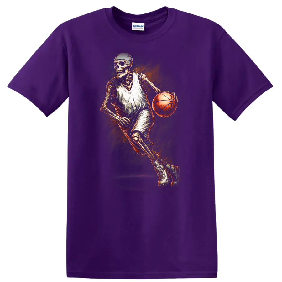 Vintage gothic skeleton basketball player dribbling with fiery orange artwork on a Purple T Shirt