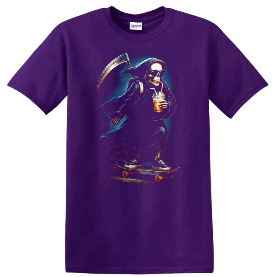 Vintage gothic Grim Reaper skeleton in sunglasses skating with a scythe and iced drink on a Purple T Shirt