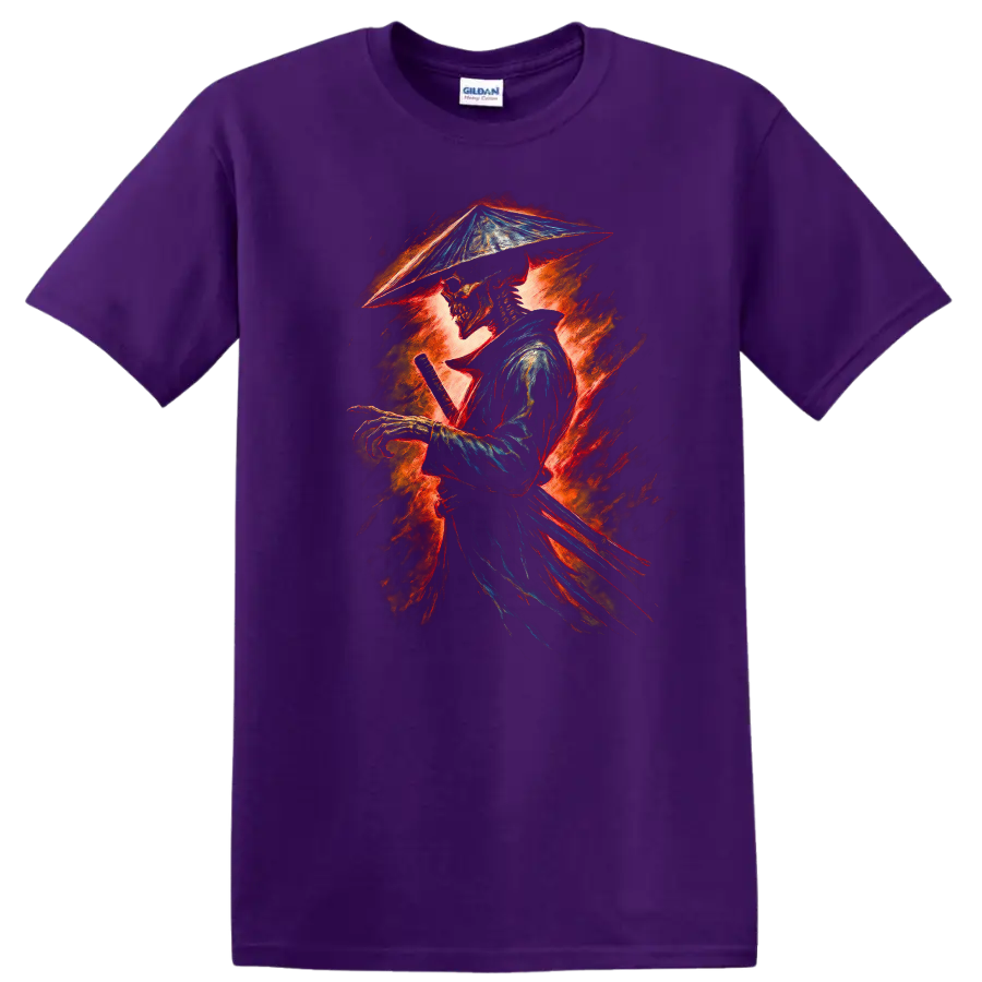 Fiery vintage-style skeleton samurai swordsman graphic in a conical hat on a Purple T Shirt