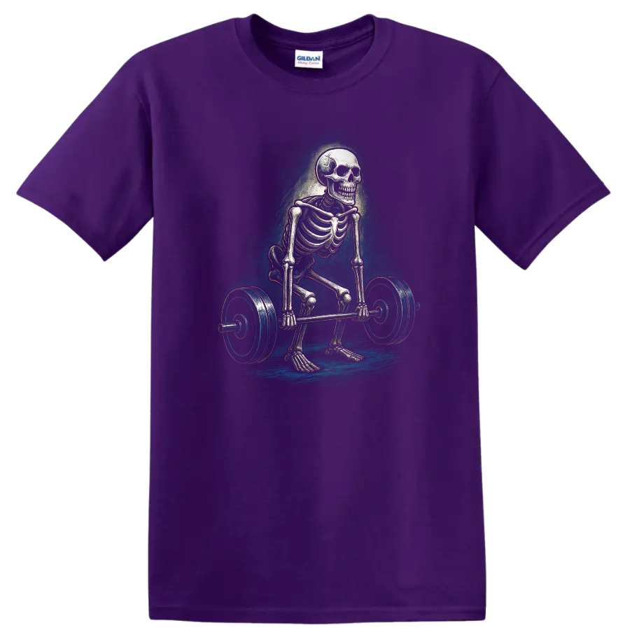 Vintage gothic skeleton performing a barbell deadlift graphic on a Purple T Shirt