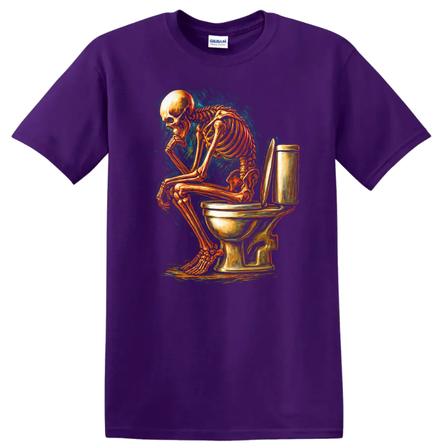 Vintage gothic skeleton sitting on a toilet in detailed dark humor artwork on a Purple T Shirt
