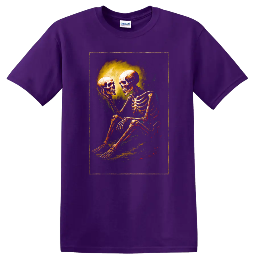 Vintage gothic skeleton holding a skull in a moody dark art illustration on a Purple T Shirt
