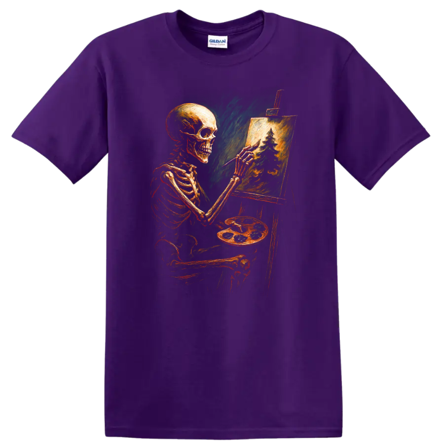 Vintage gothic skeleton artist painting an evergreen forest on an easel on a Purple T Shirt